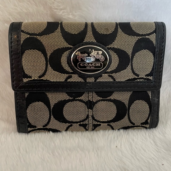 Coach Handbags - Coach Signature Canvas & Black Leather Trifold Square Wallet